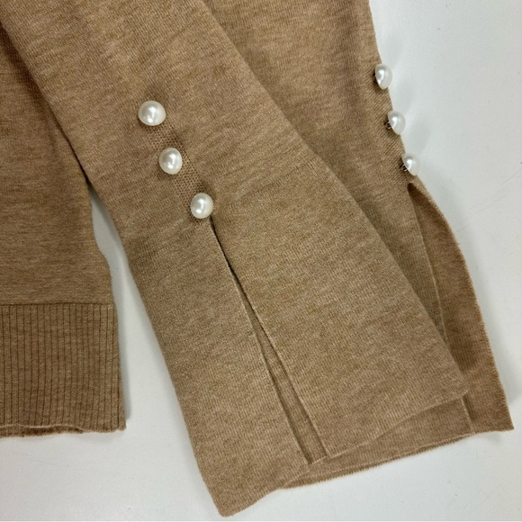 CeCe Women's Imitation Pearl Trim Split Sleeve Mock Neck Sweater Size Small Tan - Picture 9 of 9
